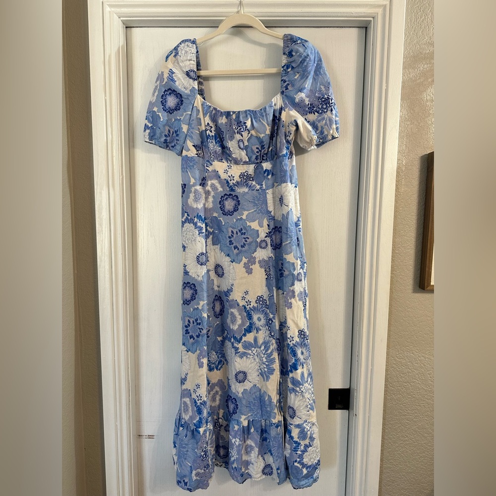 London Times Blue and White Floral Square-Neck Maxi Dress